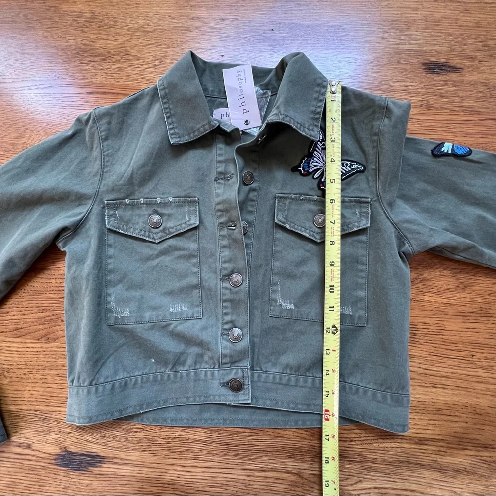 ⭐️ NWT Philosophy Olive Army Green Embroidered Butterfly Cropped Patch Jacket XS